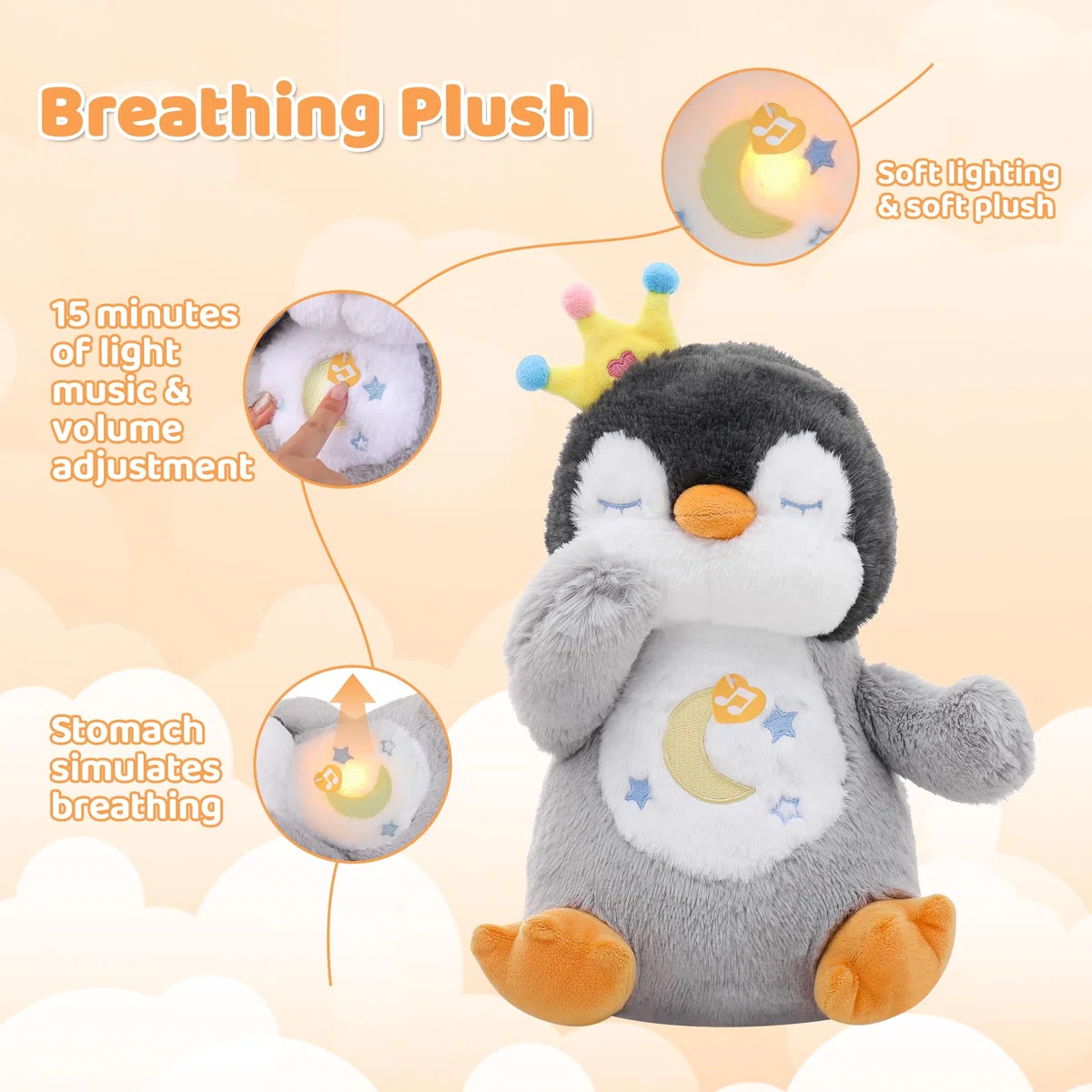 Peluche che respira pinguino con simulazione respirazione musica luce notturna