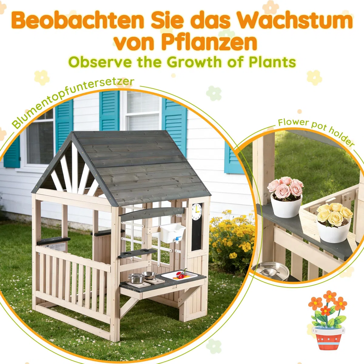 Casetta da Gioco in Legno per Bambini con Cucina Esterna, Lavandino, Lavagna, Accessori, Regalo 3+