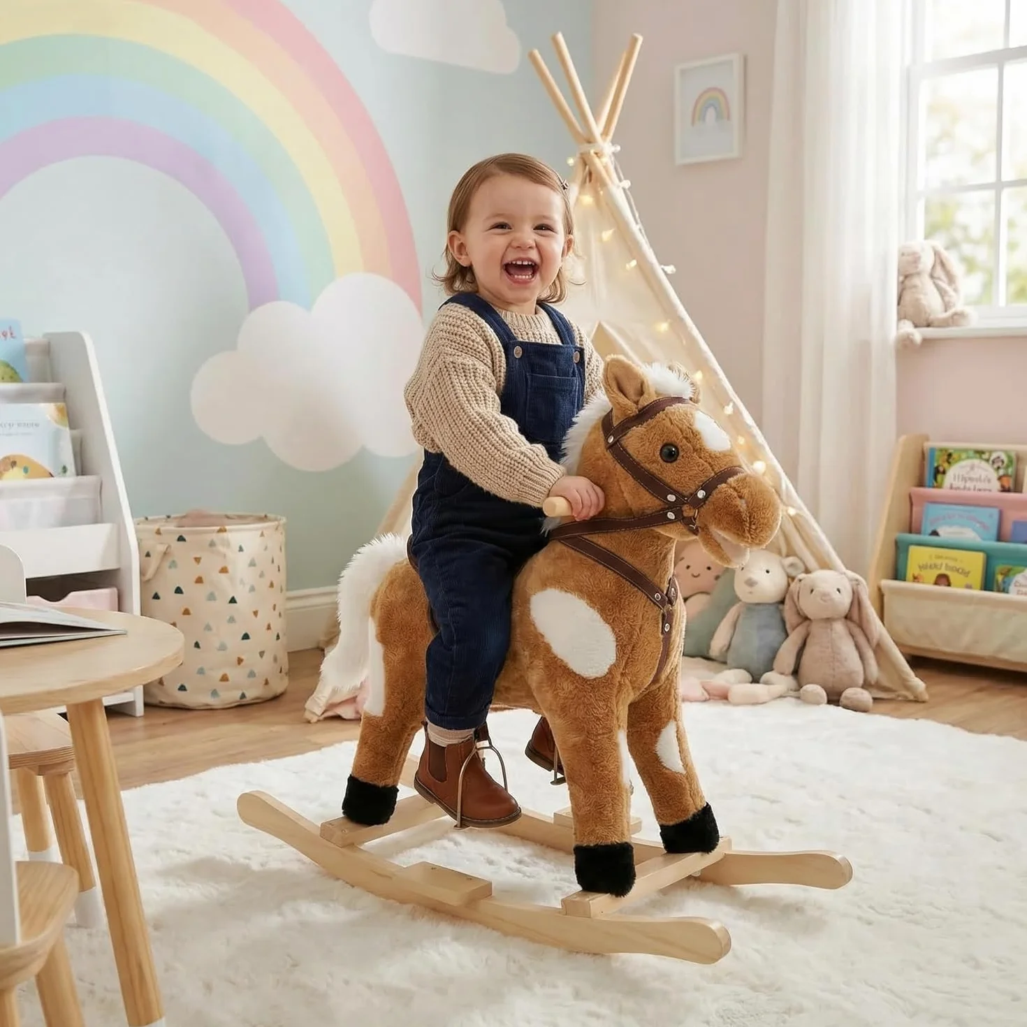 WOLTU Cavallo a Dondolo in Legno per Bambini, Cavalluccio Cavalcabile in Peluche con Suoni, Giocattolo Regalo per Bimbi 1/2/3 Anni, Marrone e Bianco