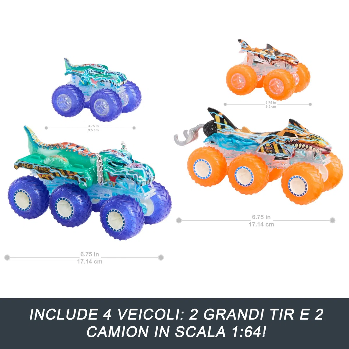 Hot Wheels Monster Trucks Multipack Tiger Shark Mega-Wrex 1:64 Power Smashers HYJ29