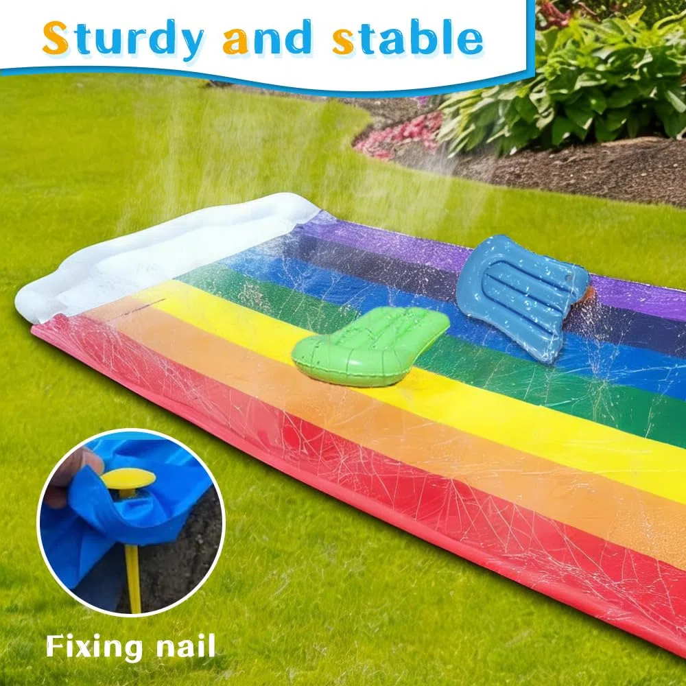 Pista Scivolo Acqua Doppio da Giardino 480x140CM con Irrigatore e 2 Tavole Gonfiabili per Festa Estiva