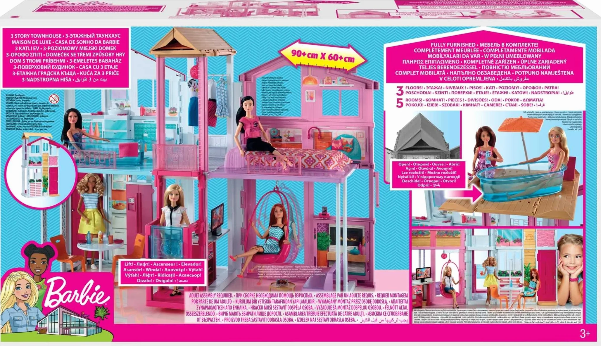 Barbie - La Casa a 3 piani, playset con ascensore e altalena, mobili e accessori inclusi, chiudibile per il trasporto, giocattolo per bambini, 3+ anni, DLY32