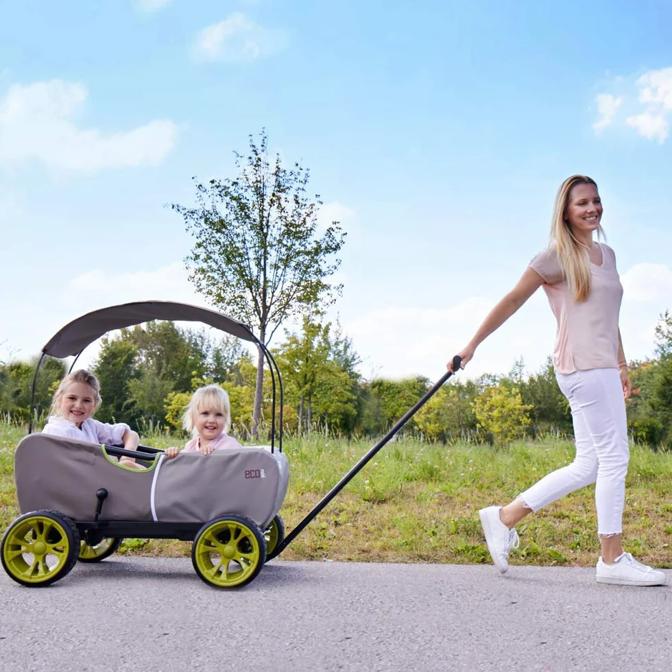 hauck Eco Mobil, Forest - Carrello da Trasporto per 2 Bambini fino a 50 kg - con Tettuccio Parasole e Cuscino di Seduta - Grandi Ruote EVA, Freno e Timone Rimovibile - Richiudibile e Portatile
