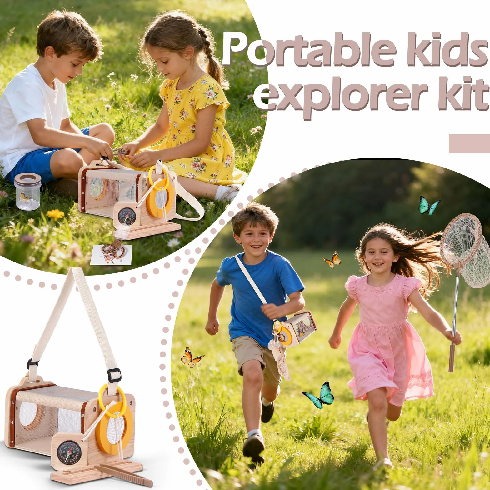 Astarama Kit acchiappa-Insetti in Legno per Bambini, 11 Pezzi Set da Esploratore con retino per Farfalle, Lente d'Ingrandimento, Habitat per Insetti, binocolo, Bussola, per Cortile e Campeggio