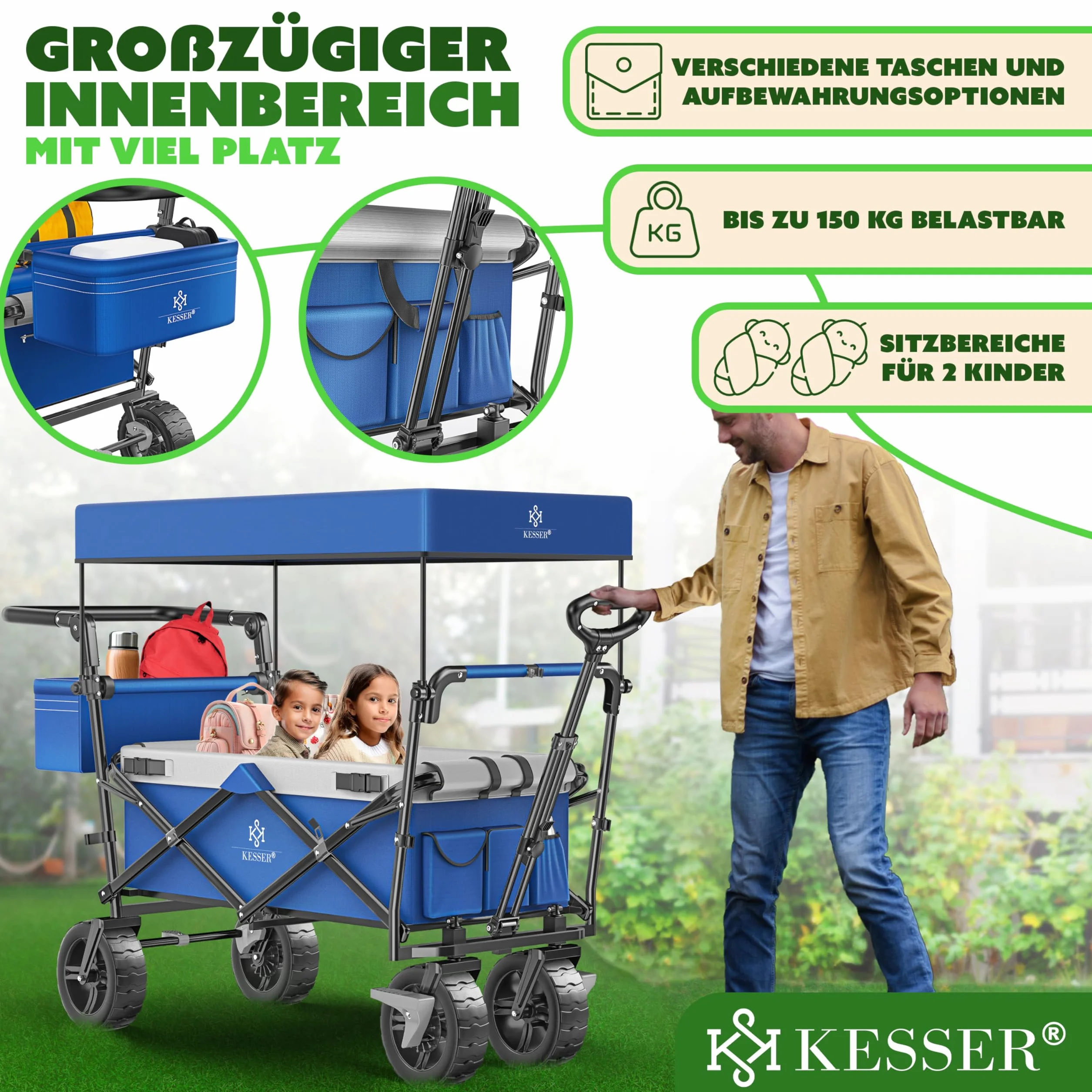 KESSER® Carrello pieghevole XXL con tettuccio GT9000, carrello pieghevole fino a 150 kg, per bambini, spiaggia, campeggio e giardino, grande carrello di trasporto con ruote in gomma rigida, freni