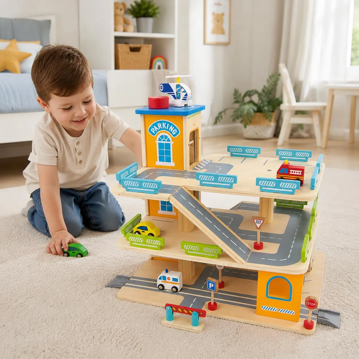 Garage in Legno per Bambini con Ascensore Manuale, Parcheggio Giocattolo a 3 Piani con Pista Auto, Rampe, Eliporto e Macchinine, Set Giochi Creativi per Cameretta, Idea Regalo.