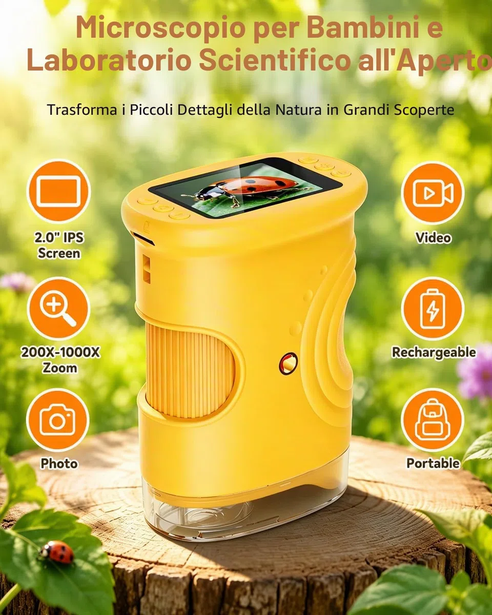 Microscopio Digitale Portatile per Bambini con schermo IPS da 2", Ricaricabile, Memoria Fotografica Integrata, 200X Mini Microscopio da Regali di Natale, compleanno o Capodanno per i 4-12 Anni-Arancio