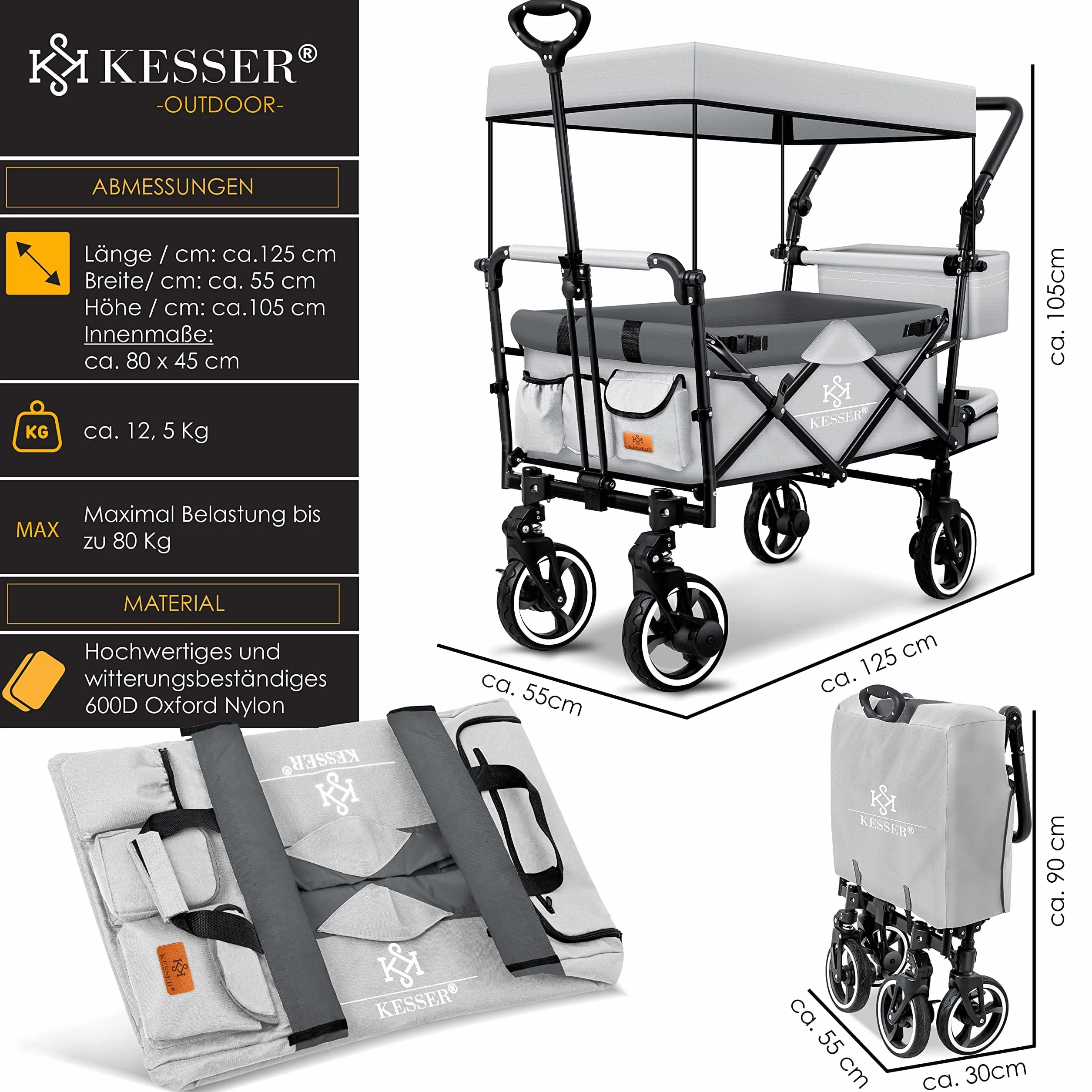 KESSER® - Carrello pieghevole manuale GTS-9100 con tettoia, carrello pieghevole con 2 sistemi con cinture a 3 punti, ruote in gomma girevoli a 360° e sistema di prolungamento interno, freno anteriore