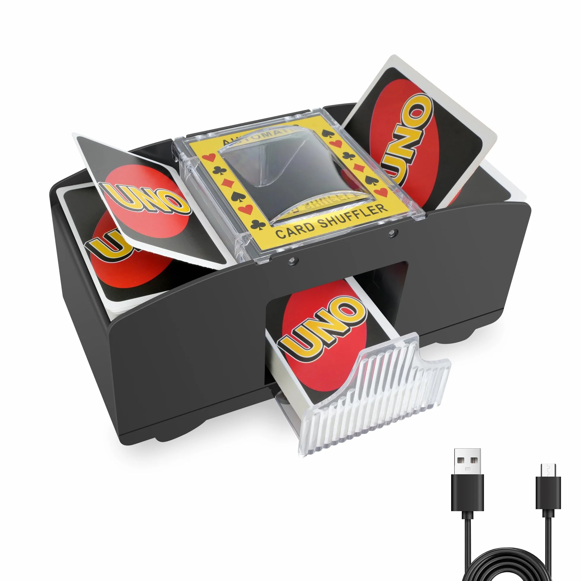 Cheerhom Mischia Carte Automatico, Mescolatore Cartes da Gioco Elettrico per 1-2 Mazzi, Distributore Cartes da Gioco Elettrico per UNO, Poker, Blackjack - USB + Funzionamento a Batteria