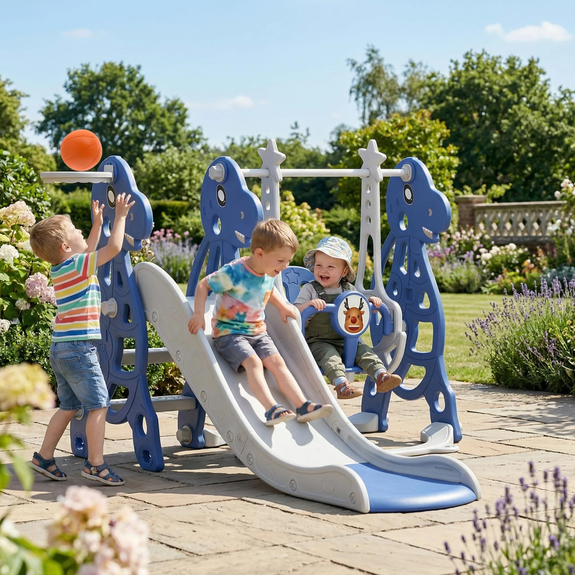 Froadp 4 in 1 Scivolo Autoportante per Bambini Scivolo Giocattolo con Canestro da Basket e Altalena per Interni ed Esterni Bambini Scivolo da Giardino in Plastica PP e PE für 1 Jahr und Mehr (Typ B)
