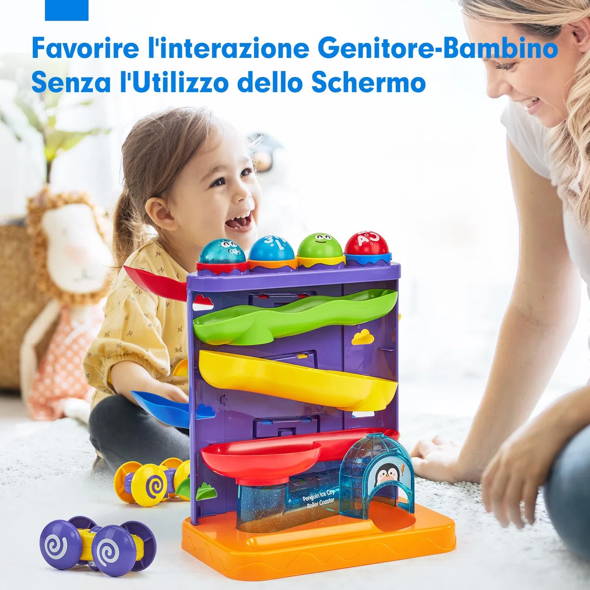 hahaland Giochi Bambini 1 Anno Maschio - Palla Giocattolo 2 in 1 e Rampa per Auto Pista Giocattoli Educativi Montessori con Martello/4 Palline/4 Macchinine, Regali per Bambini di 1 2 3 Anni