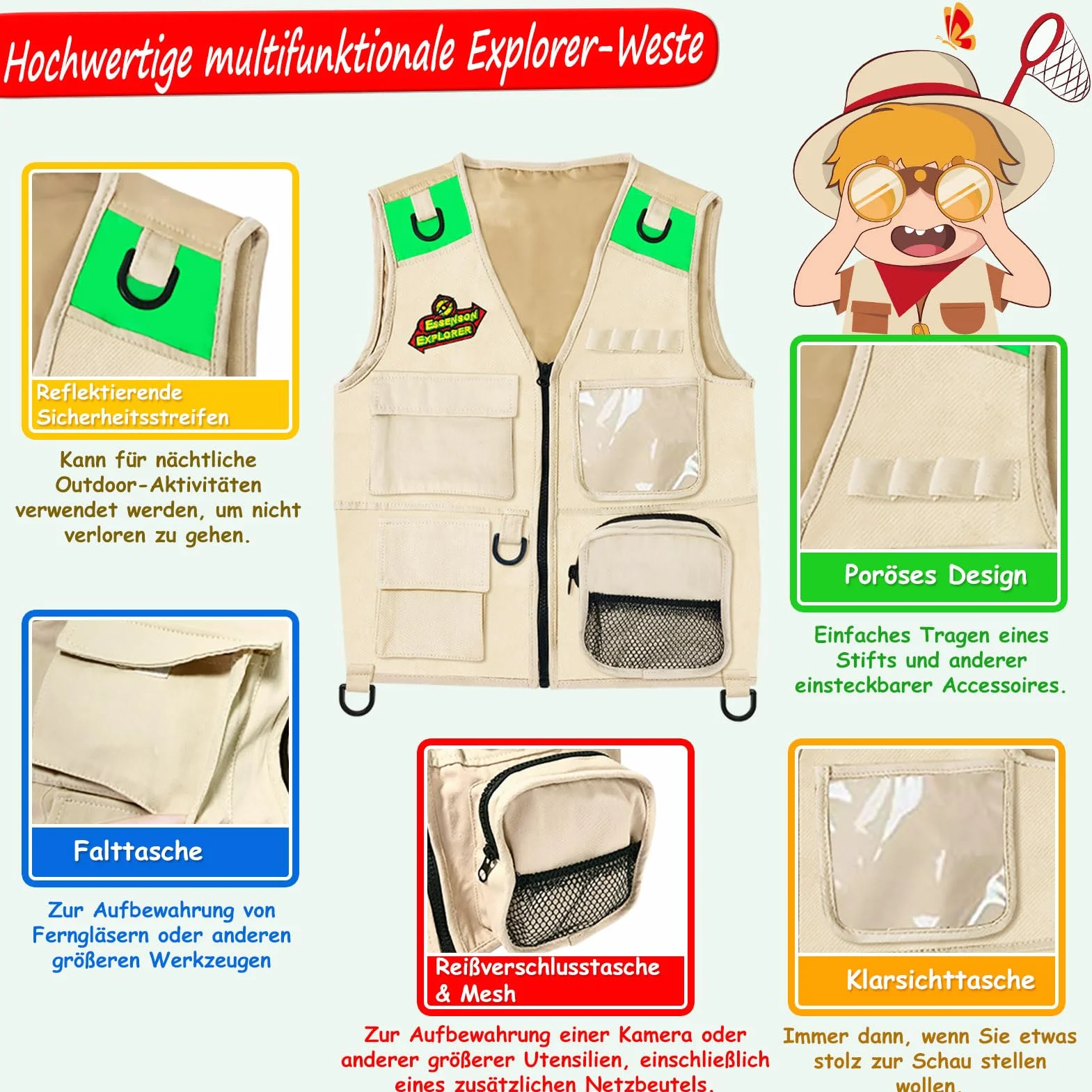 ESSENSON Kit Esploratore all'aperto - Set Cattura Insetti con Gilet, binocolo, Torcia elettrica, Regalo di Compleanno del Giocattolo di Avventura di Campeggio per Ragazzi e Ragazze di età 3-12 Anni