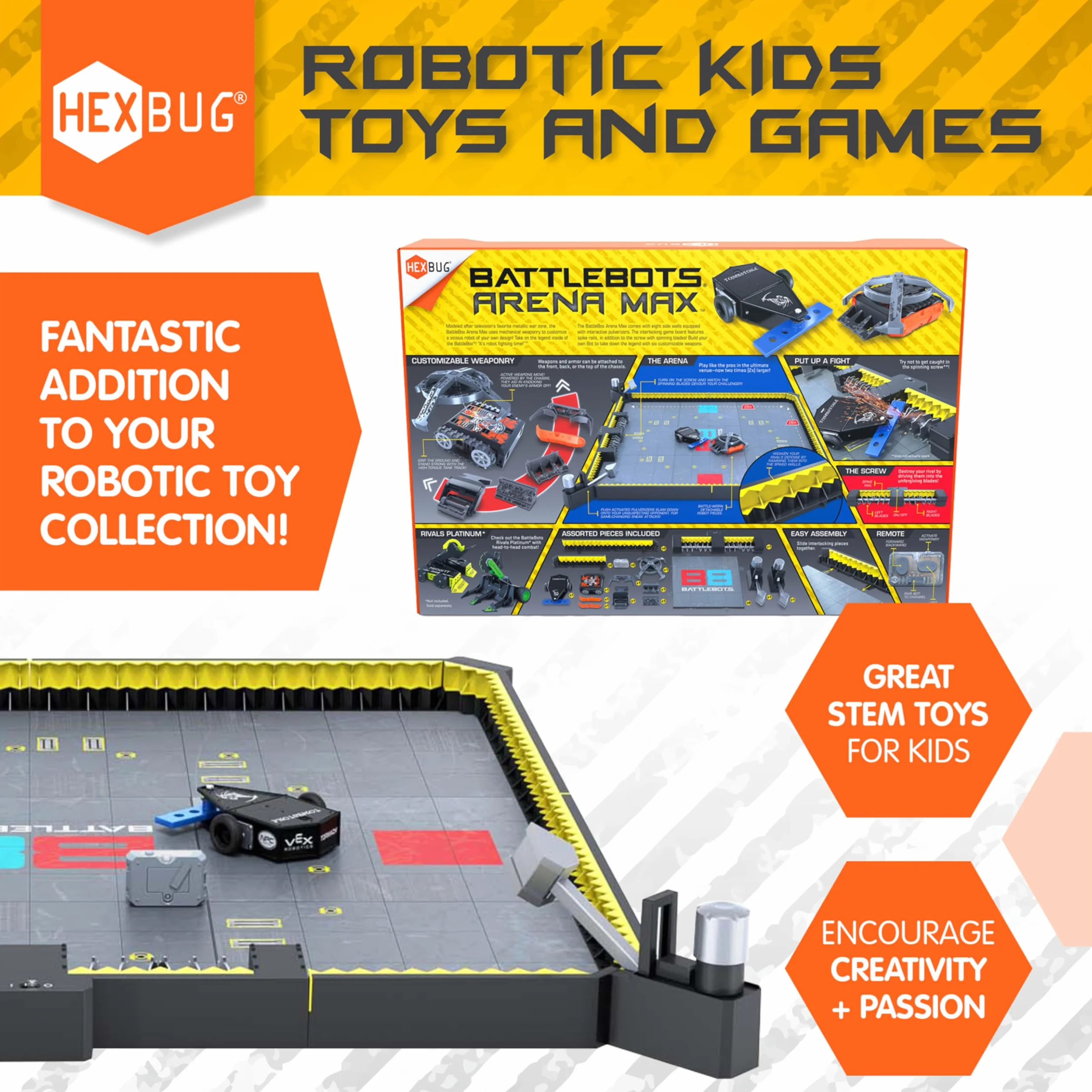 HEXBUG BattleBots Arena Max, Robot Giocattolo telecomandato per Bambini con Oltre 30 Pezzi, Giocattoli STEM per Ragazzi e Ragazze dagli 8 Anni in su, batterie Incluse