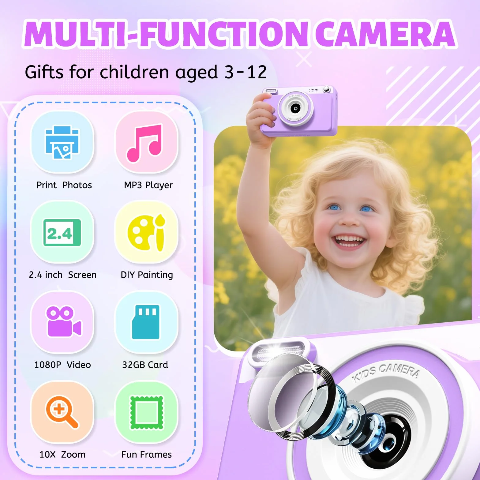 Macchina Fotografica Bambini Istantanea 2.4" Schermo 1080P con 32GB Scheda Regalo 3-14 Anni
