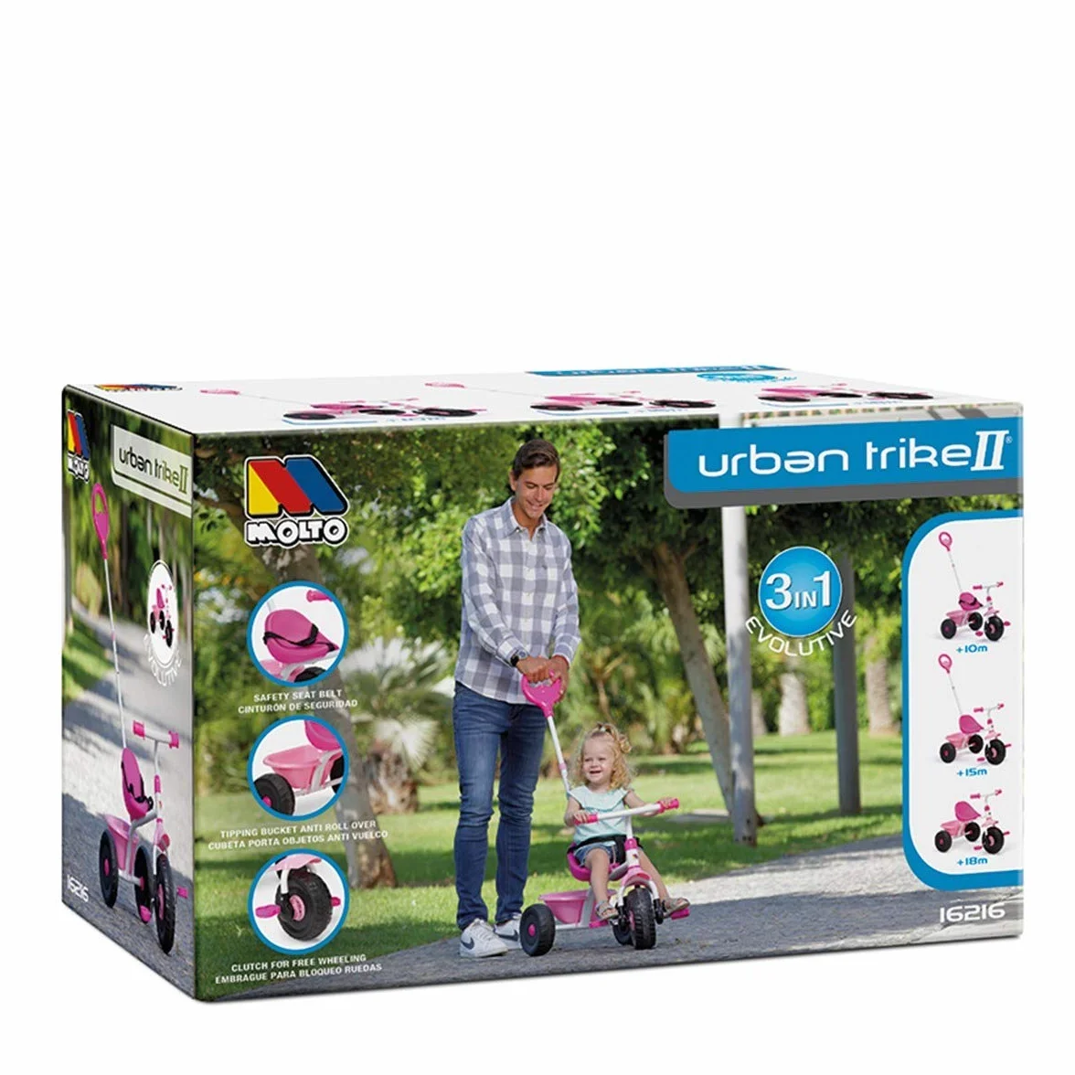 MOLTO Triciclo per bambini MOLTO Urban Trike 3 in 1 Rosa - sicuro, versatile e regolabile, con frizione di bloccaggio delle ruote, manico regolabile e cintura di sicurezza - leggero e resistente