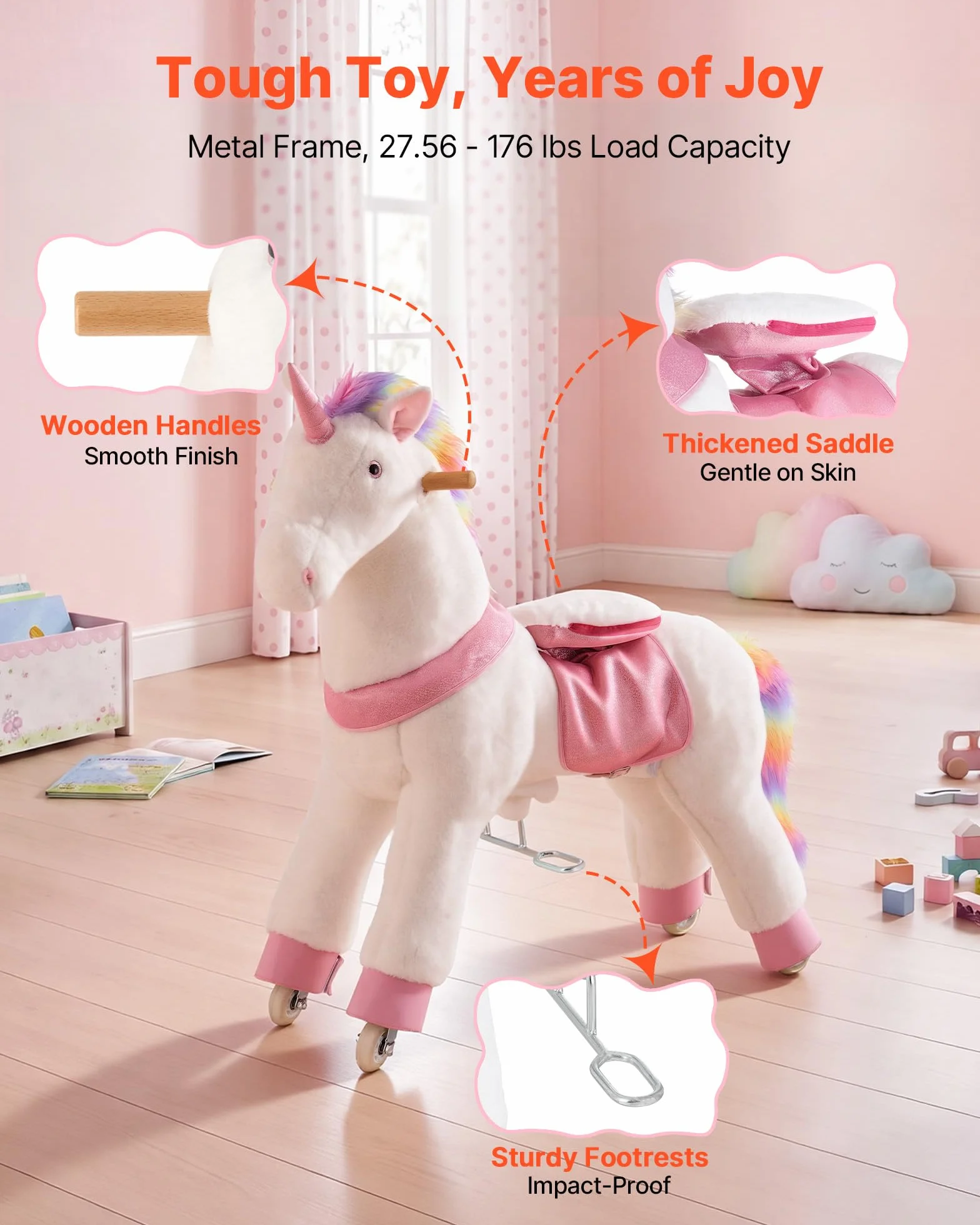 VEVOR Unicorno Cavalcabile per Bambini, Cavallo Giocattolo Cavalcabile con Ruote, Senza Batterie, Anello Anti-Ribaltamento, Sedile Rialzato, Maniglie e Pedali, Carico Massimo 80kg, Per Bambini 6+ Anni