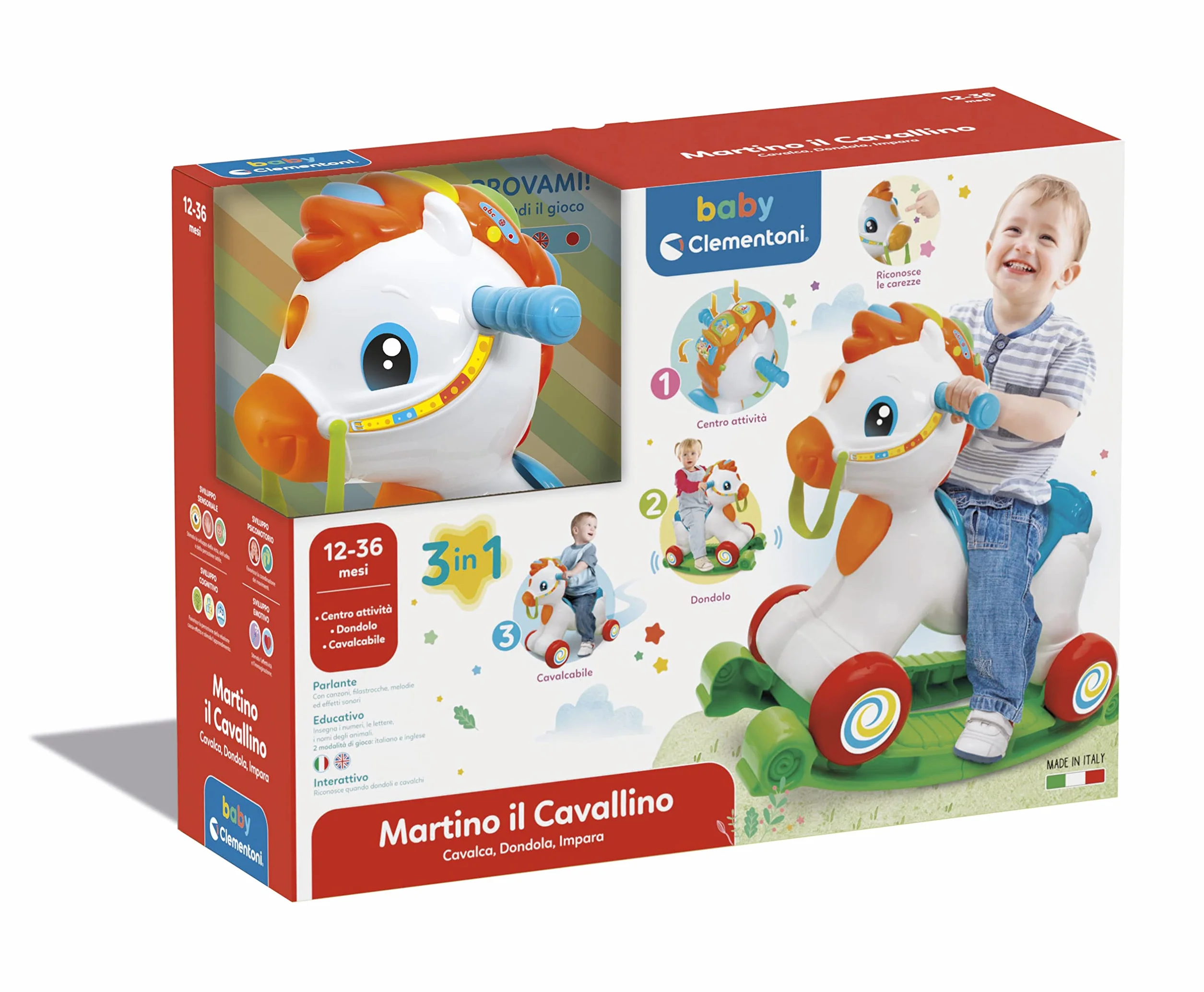 Clementoni - 17752 - Martino Il Cavallino - Ride On Educativo, Parlante In Italiano E Inglese, 3 In 1 (Cavalcabile, Centro Attività, Dondolo), Primi Passi, Gioco Bimbo 1 Anno - Made In Italy