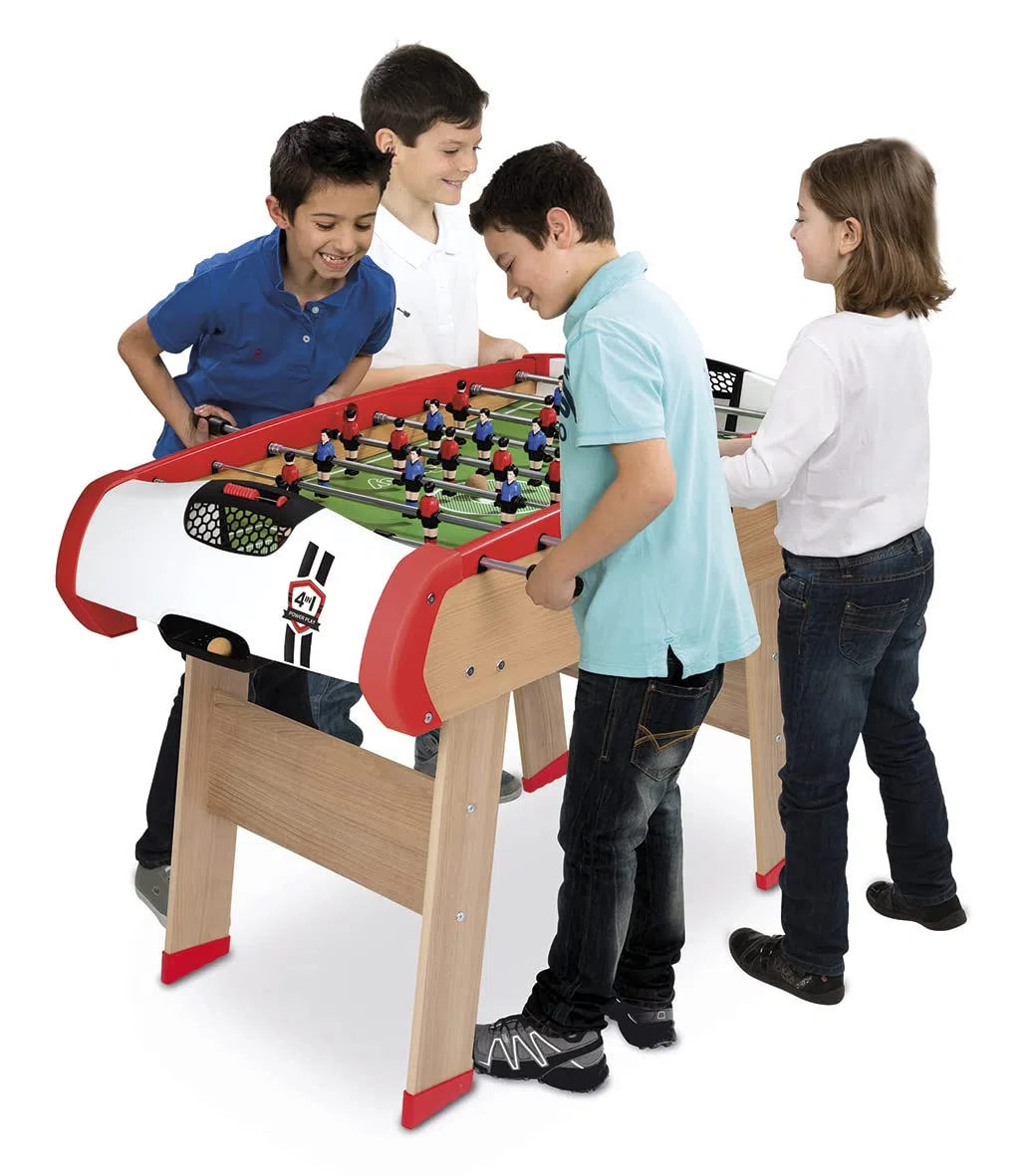 Smoby - Calcio Balilla Powerplay 4 in 1 - Ping Pong + Hockey e Biliardo - Struttura in legno - Accessori inclusi - Palline, Racchette da Ping Pong, Biliardi, Aste - Da 8 anni