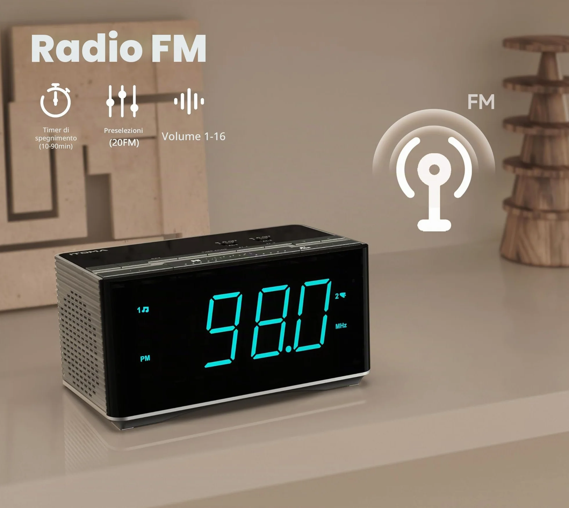 iTOMA Sveglia radio-altoparlanti stereo Bluetooth, radio FM, doppia sveglia, snooze, dimmer di luminosità, ricarica USB, sveglia per camera da letto ufficio 3501