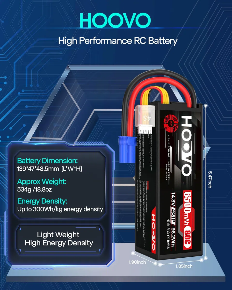 Batteria Lipo 4S 14,8 V 6500 mAh 80 C RC batteria EC5 spina Hard Case ricaricabile HOOVO per RC Auto Camion Buggy Quadcopter Elicottero Aereo Racing Drone (2 pezzi)