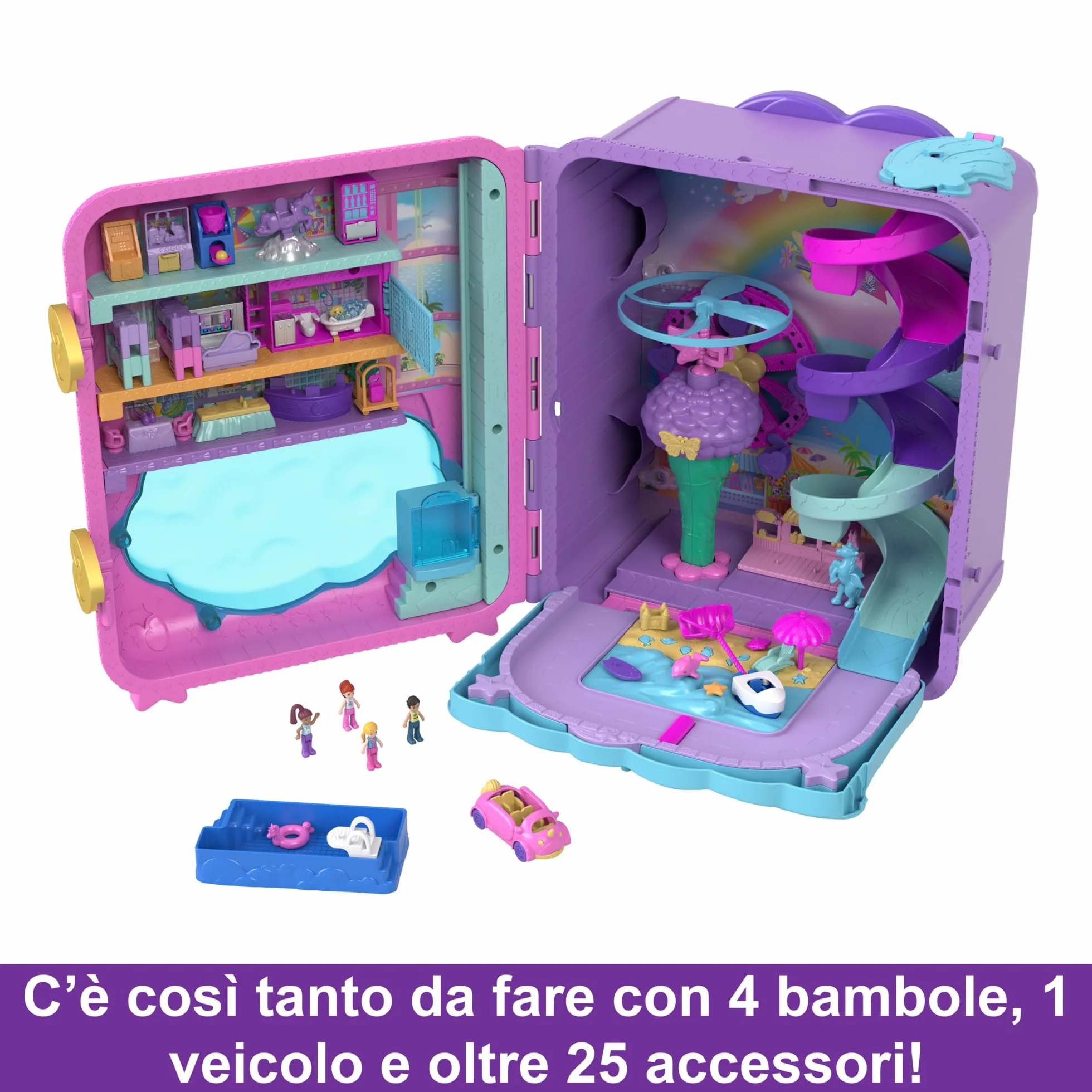 Polly Pocket Pollyville - Trolley Resort Vacanze, playset apribile con 3 località diverse, include 4 bambole, 1 veicolo e 25 accessori, giocattolo per bambini, 4+ anni, HKV43