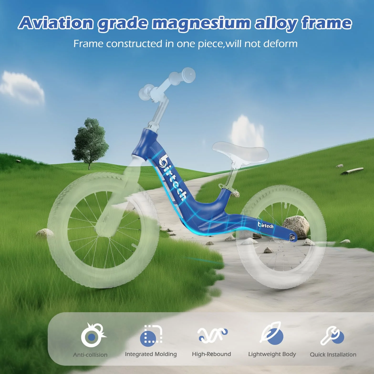 H.yeed Bicicletta da corsa per bambini da 35,6 cm (14 pollici) con pneumatici e telaio in lega di magnesio, leggera, senza pedale, bici da allenamento per bambini 3 4 5 6 anni (blu)