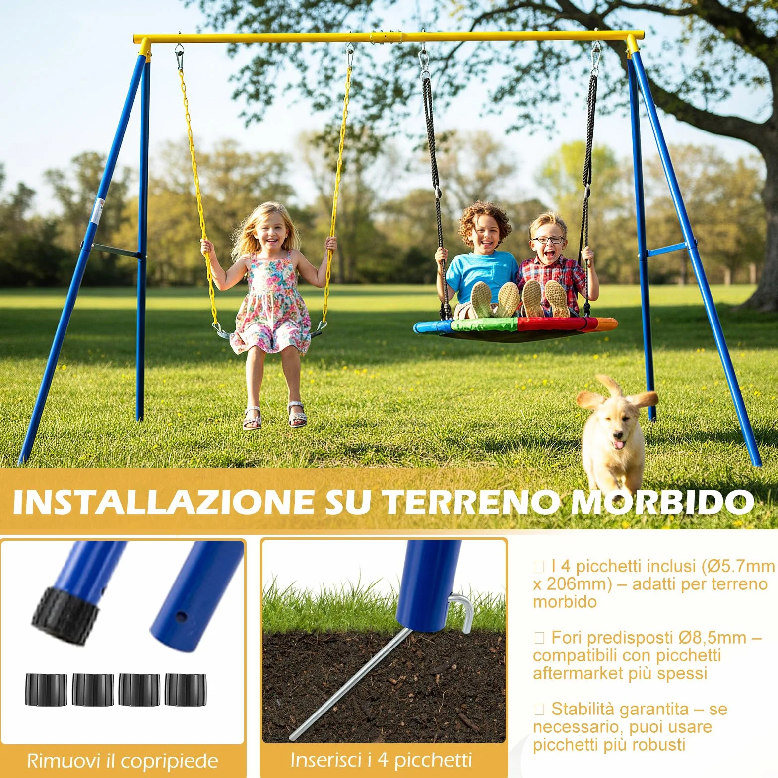 RELAX4LIFE Struttura per Altalena Doppia da Giardino con Portante 300kg, 2 Posti da Appendere, per Bambini e Adulti, Gioco Interno/Esterno, 4 Picchetti, Copripiedi e Moschettoni, Giallo e Blu