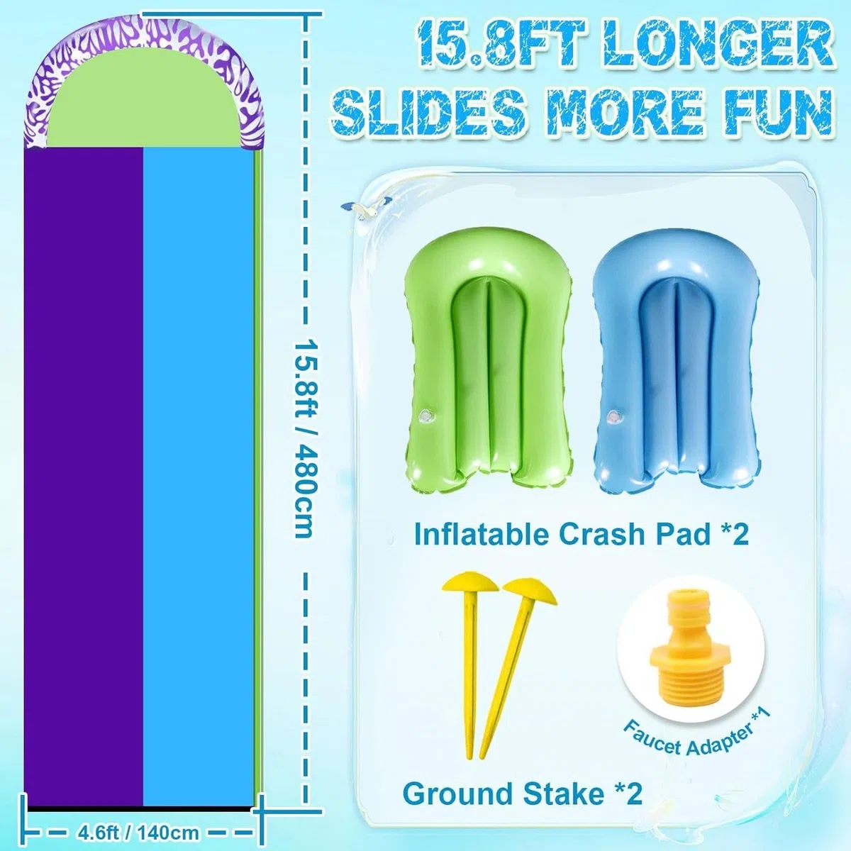 Doppio Scivolo ad Acqua 480 cm con 2 Bodyboards Scivolo Acquatico Giardino Piscina Fuori Terra per Bambini e Adulti