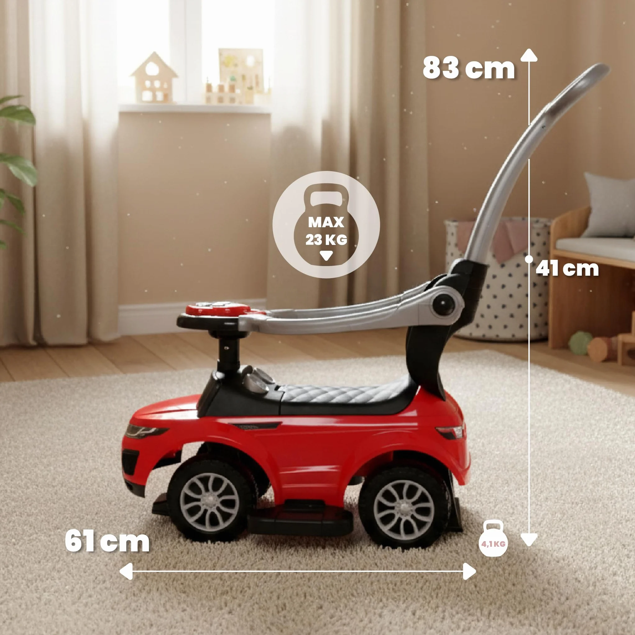 Auto a spinta per bambini 4in1, scivolo a partire da 1 anni, con clacson e musica, spazio per riporre i bagagli sotto il sedile (Rosso)