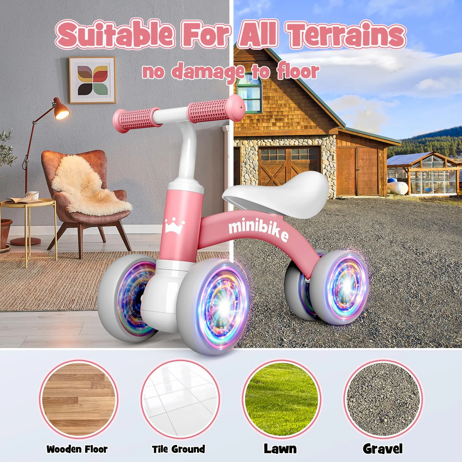 HappyGoLucky Bicicletta Bambini 1 2 Anni, Giochi Bambina Bicicletta Equilibrio con Quattro Ruote Illuminate, Gioco Bambino Regalo Bambina - Idee Regalo Natale