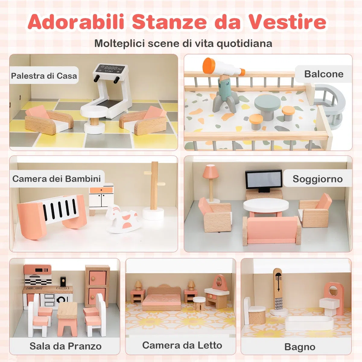 RELAX4LIFE Casa delle Bambole Alto 95 cm, Villa di Lusso in Legno, 41 Mobili e Accessori inclusi, Cameretta, Terrazza e Garage, Giocattolo per Bambini 3+ Anni (ROSA)