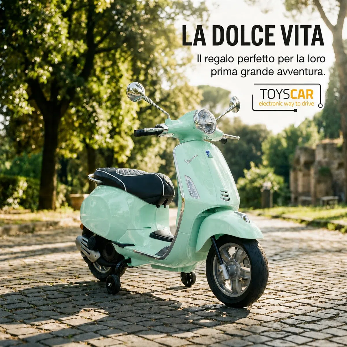 Piaggio Vespa Elettrica Bambini 12V TOYSCAR Moto Elettrica con Luci LED Bluetooth Sedile Pelle Retromarcia Rotelle Menta