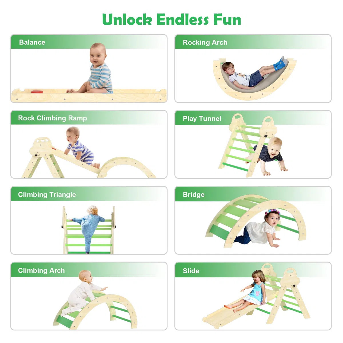 Puecrof Triangolo da Arrampicata Montessori 7 in 1 con Cuscino, Giocattolo da Arrampicata in Legno per Bambini da 1 a 3 Anni, Arco per Arrampicata Indoor con Scivolo, Scala e Arco da Gioco (Verde)