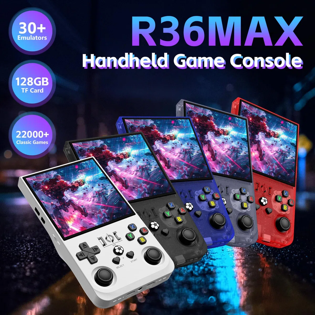 R36MAX - Console da gioco retrò palmare, open source-Linux, scheda TF da 128 GB, oltre 22.000 giochi, IPS HD da 4,0 pollici, batteria 4000 mAh (blu 128 GB)