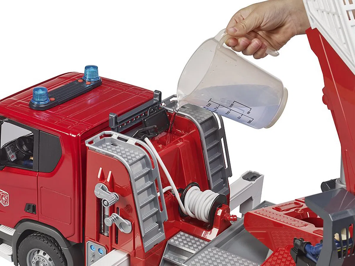 Bruder 03591 Camion dei pompieri Scania Super 560R con scala girevole pompa acqua luci suoni