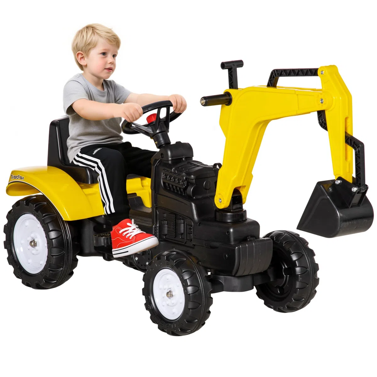HOMCOM Ruspa Giocattolo Cavalcabile a Pedali per Bambini 3-6 Anni, Escavatore con 4 Ruote, Acciaio e Plastica, 107x42x71 cm, Giallo