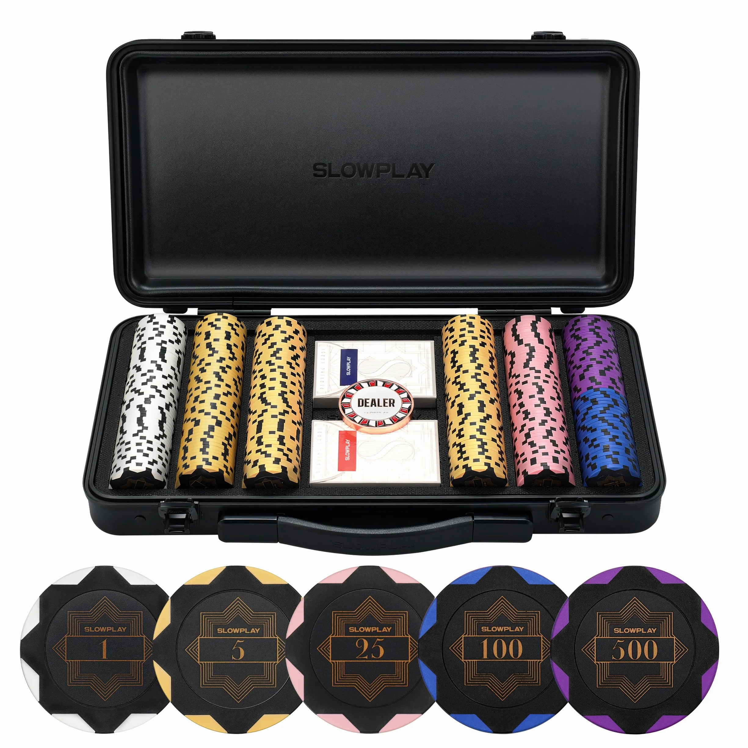 SLOWPLAY Set di fiches da poker Nash in argilla 14 g Black Gold 300 pezzi numerate 1,5,25,100,500 valigetta premium policarbonato