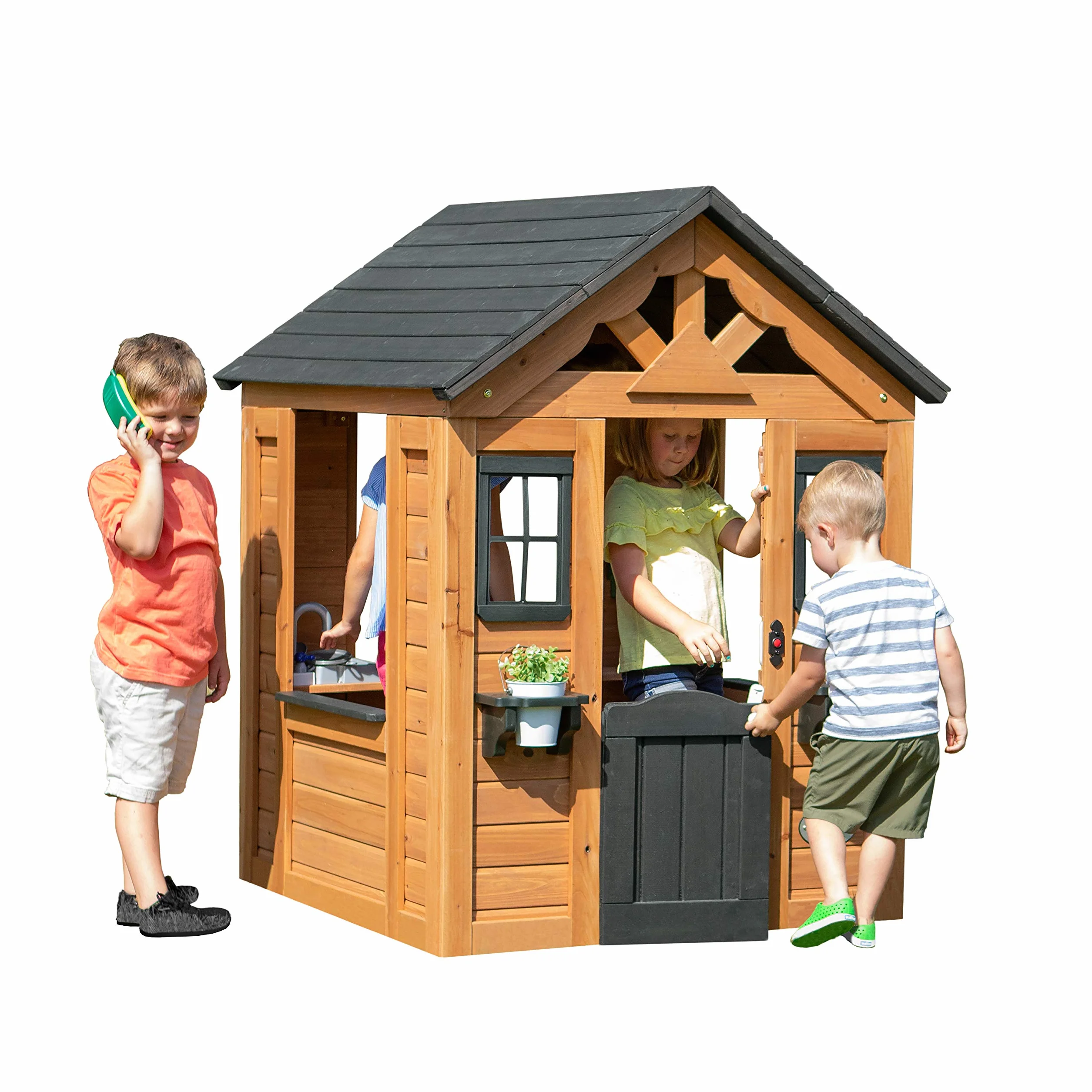 Backyard Discovery Casetta giocattolo Sweetwater in legno per bambini all'aperto con finestre marrone e nero