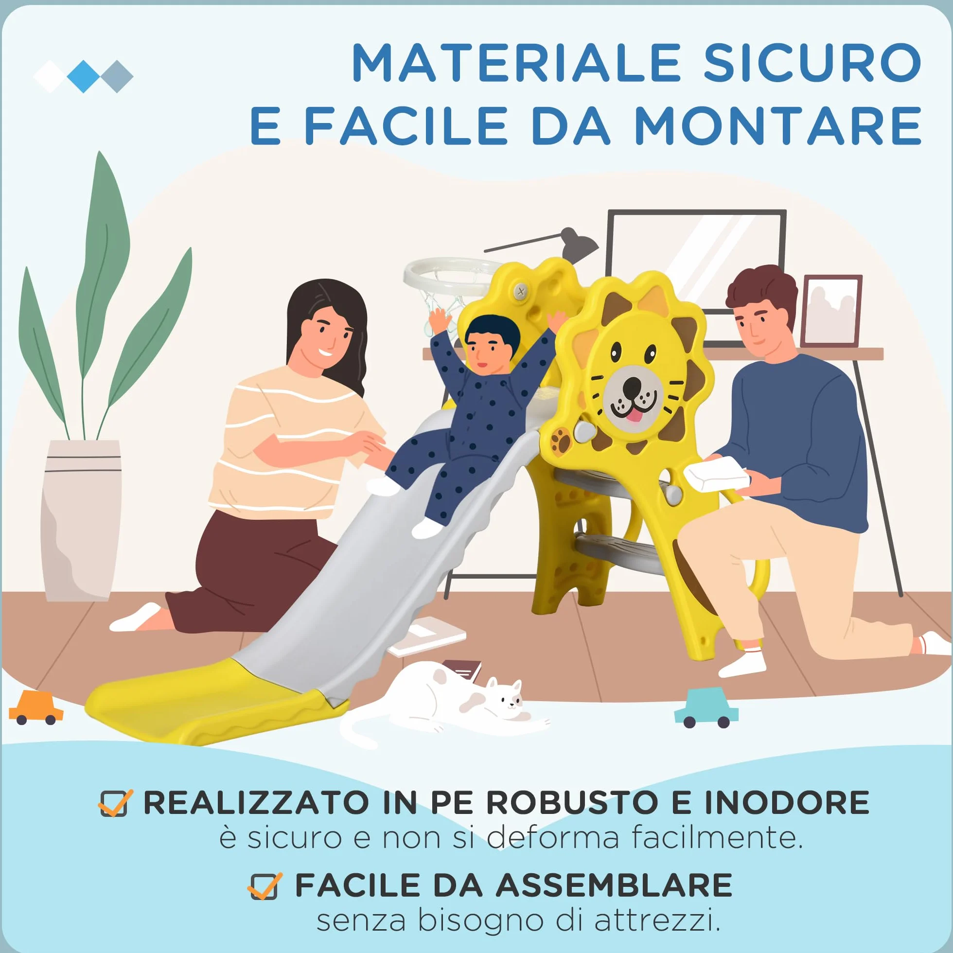 AIYAPLAY Scivolo per Bimbi 18-36 Mesi con Canestro da Basket Laterale, Scivolo in Plastica, 131x50x74 cm, Giallo e Grigio