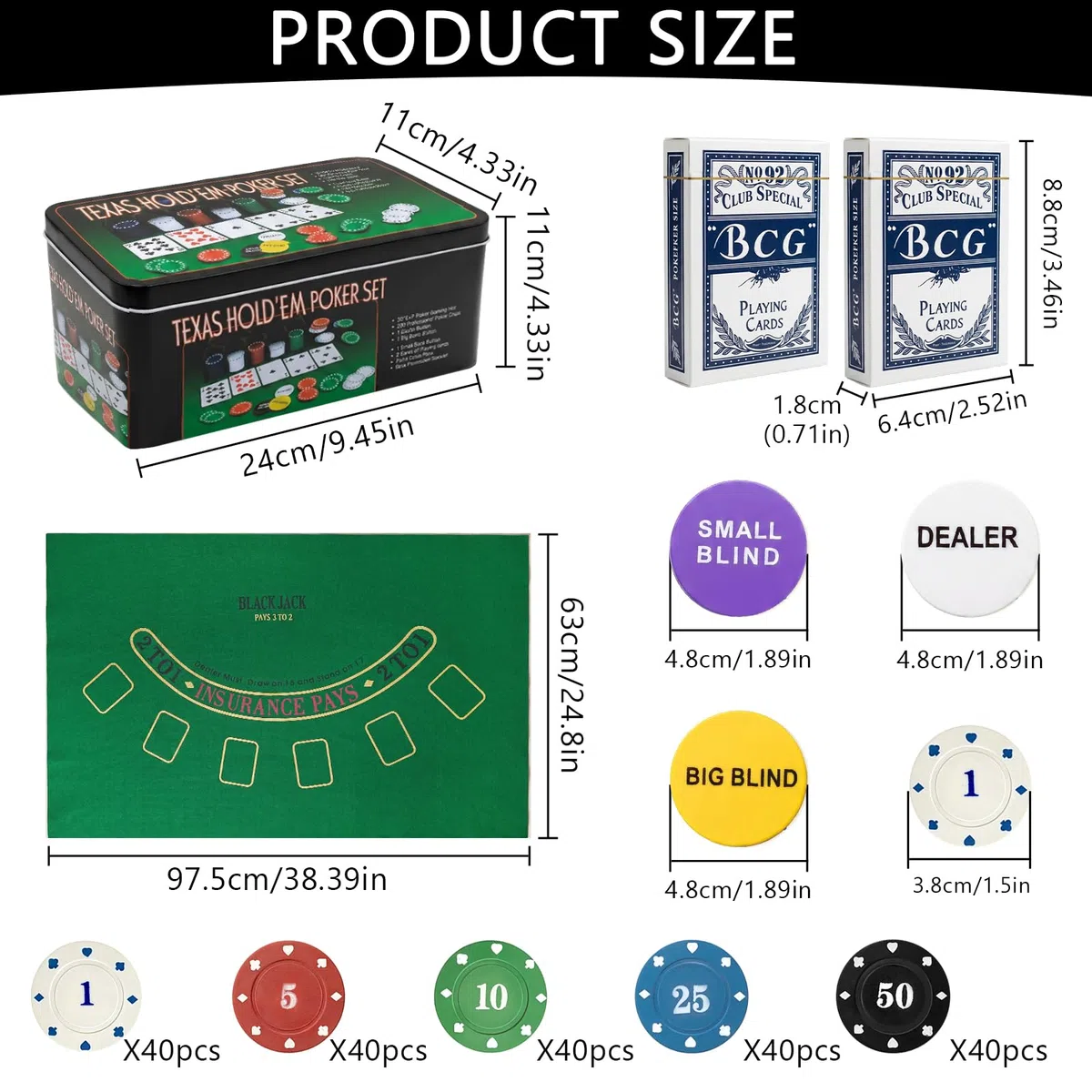 Set da Poker 200 Fiches, Texas Holdem Poker Set in Scatola di Metallo con Tappeto, 5 Colori Fiches Numerate per Serata Giochi, Set Texas Holdem Completo per Adulti (Set da Poker 200 Fiches)