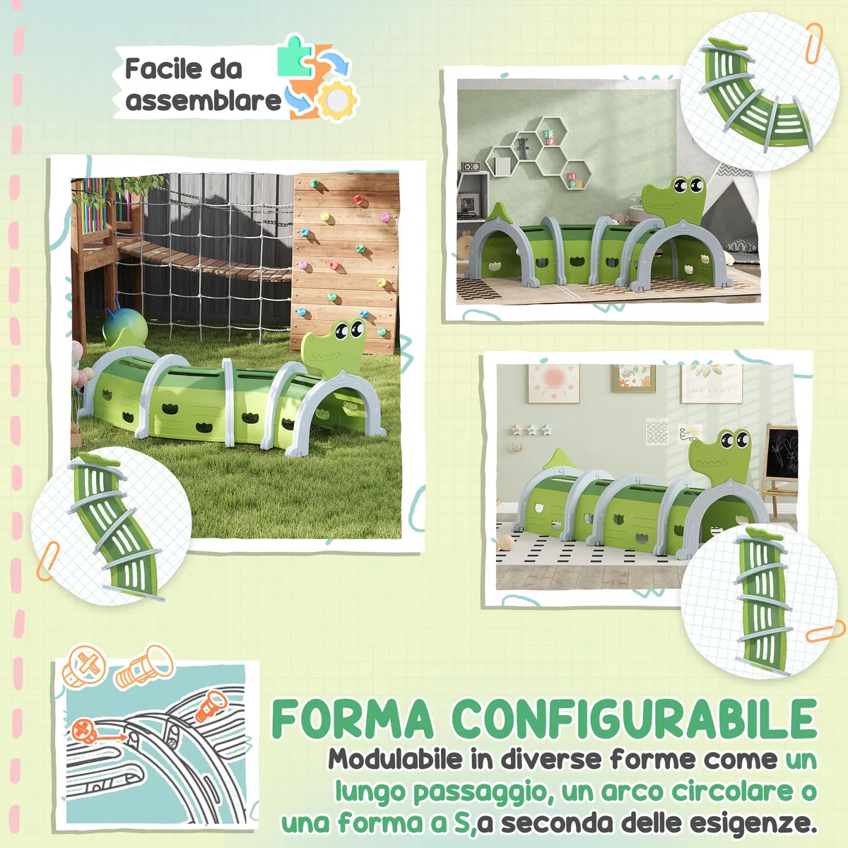 AIYAPLAY Tunnel da Gioco per Bambini 3-6 Anni a Forma di Coccodrillo, Tunnel Gioco da Interno ed Esterno in Plastica, Modulabile in Diverse Forme, Adatto per Asilo e Parco Gioco, Verde