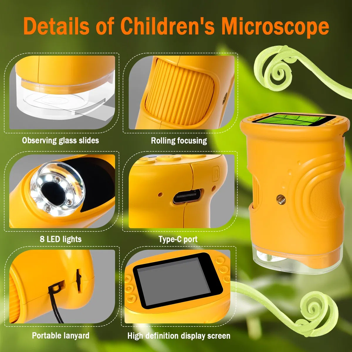 LURICO Microscopio Digitale Bambini Portatile con Schermo HD 1080P, 200-1000x Ingrandimento, Batteria Ricaricabile - Regalo STEM per Esplorazione all’Aperto e Aula, Bambini 4-12 (giallo)