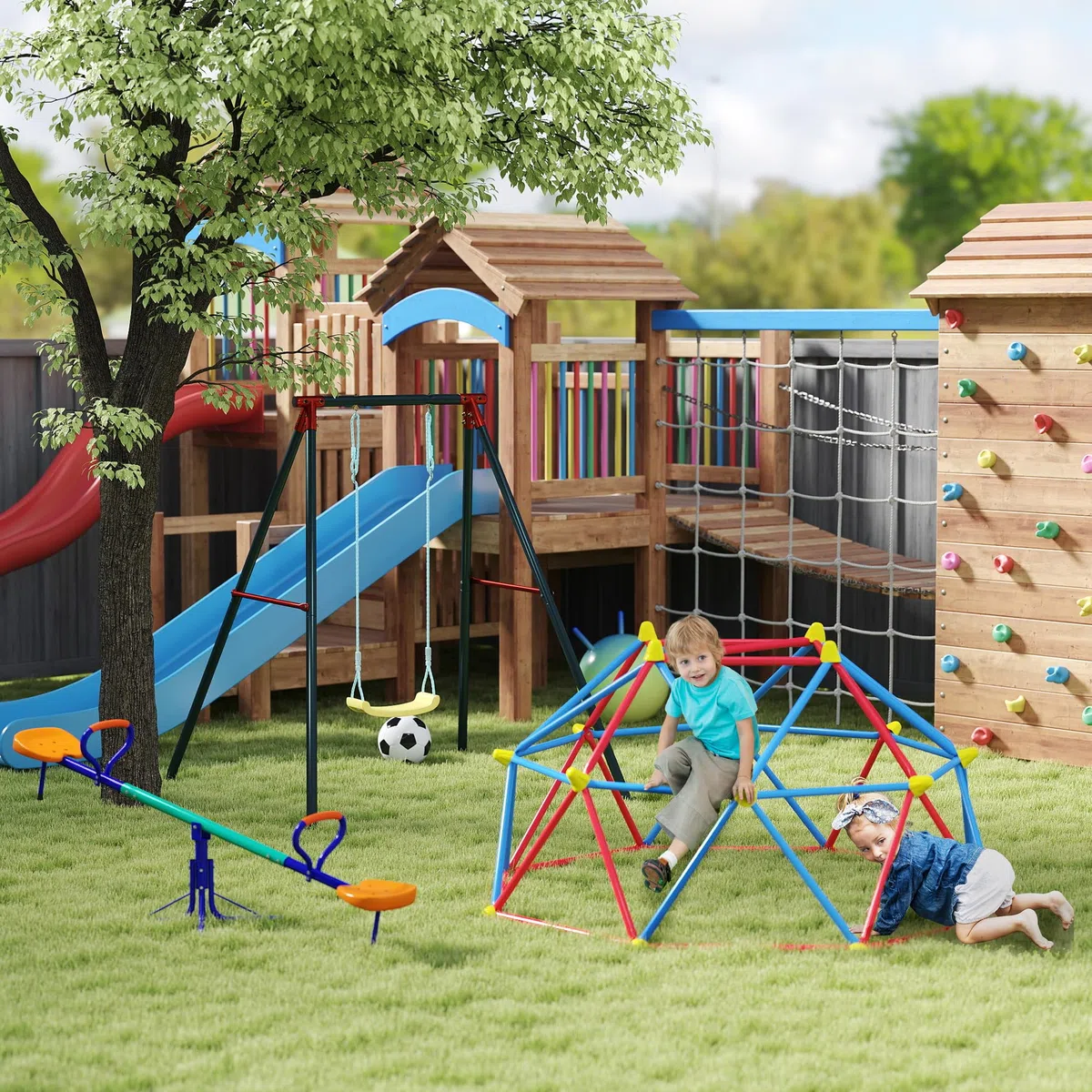 Outsunny Altalena a Bilico per Bambini 3-8 Anni 360° Rotazione Giardino Basculante Acciaio Seggiolini PP 192x60x60 cm Multicolore