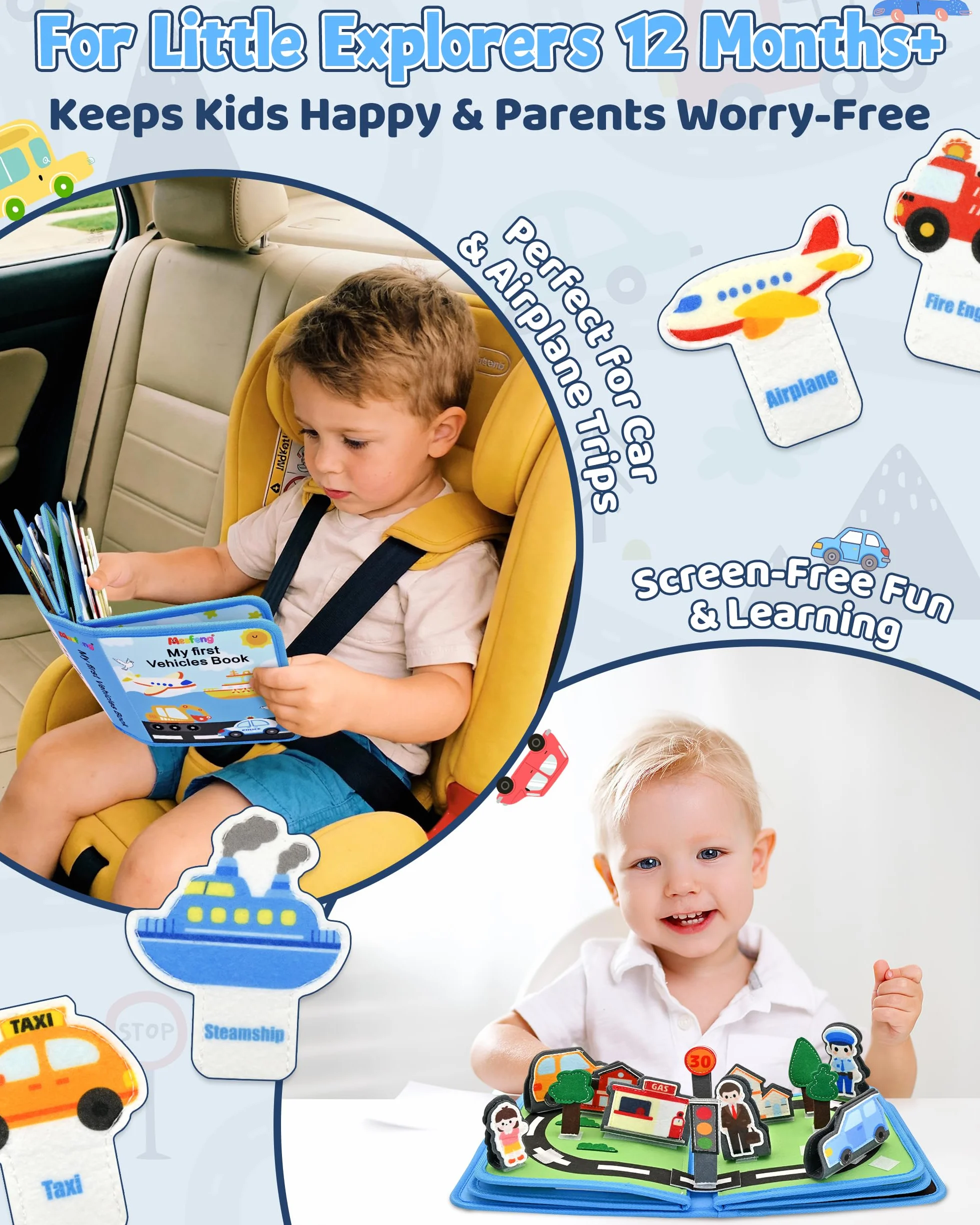 Libro Montessori Interattivo 1 Anno – Busy Board Sensoriale Educativo con Tema di Trasporto, 10 Pagine di Attività, Giochi Montessori per Bambini 1-3 Anni, Regalo Didattico e Creativo