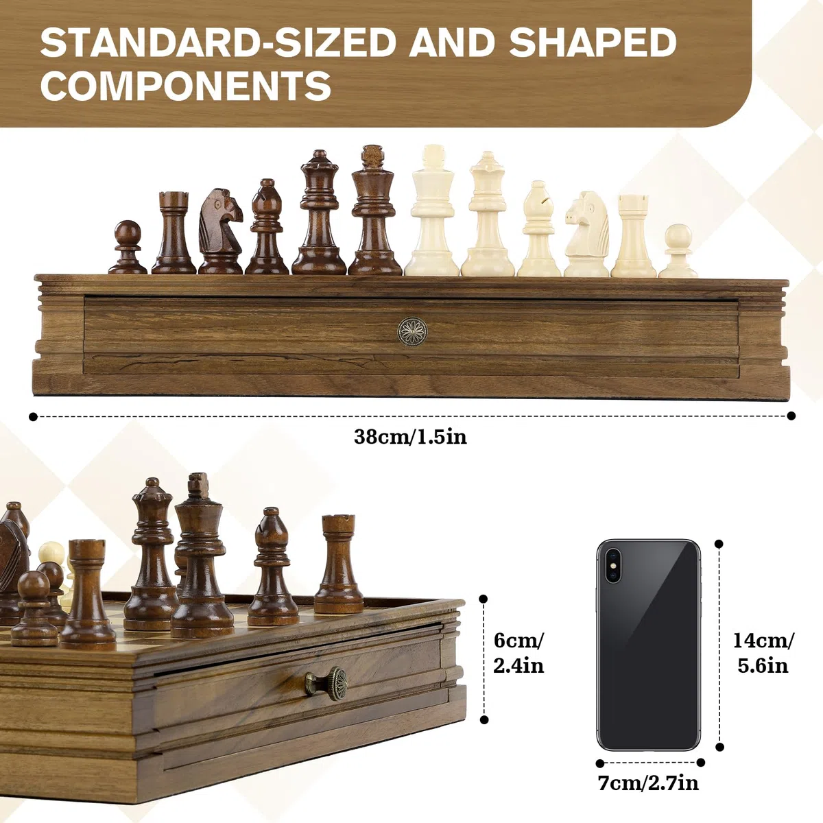 Peradix Scacchi Dame Game 2 in 1 Scacchiera Magnetica in Legno di Noce 38 x 38 cm con Cassetto