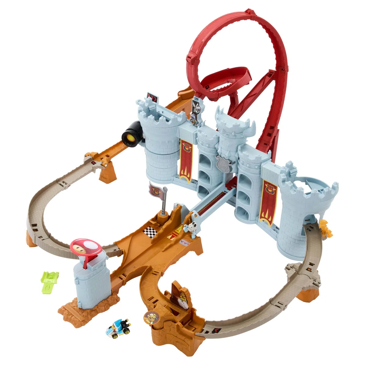 Hot Wheels Mario Kart - Castello di Bowser, set interattivo con lanciatore e macchinina Kamek inclusa, può contenere oltrre 30 veicoli, giocattolo per bambini, 5+ anni, JHD24