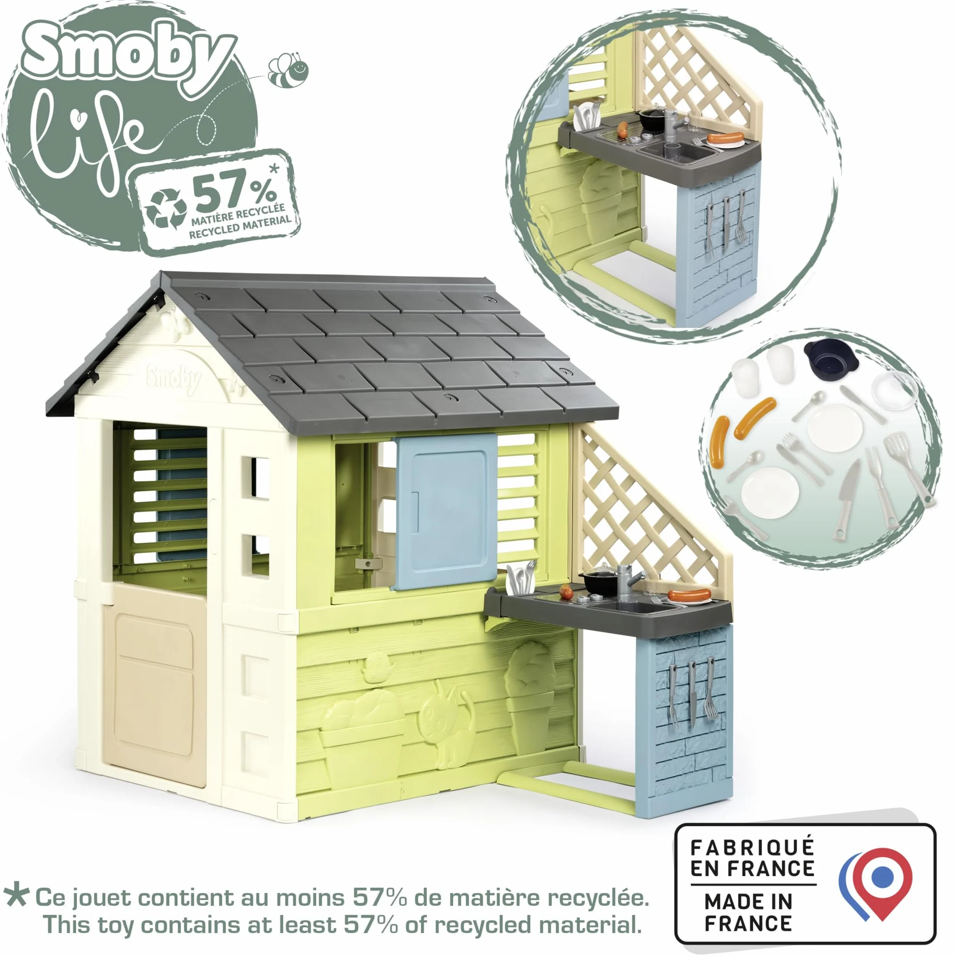 Smoby Life - Casa Bella + Cucina Estiva - Piastra e Lavello - Numerosi Accessori - Materiale Riciclato - Dai 2 Anni - Prodotto in Francia