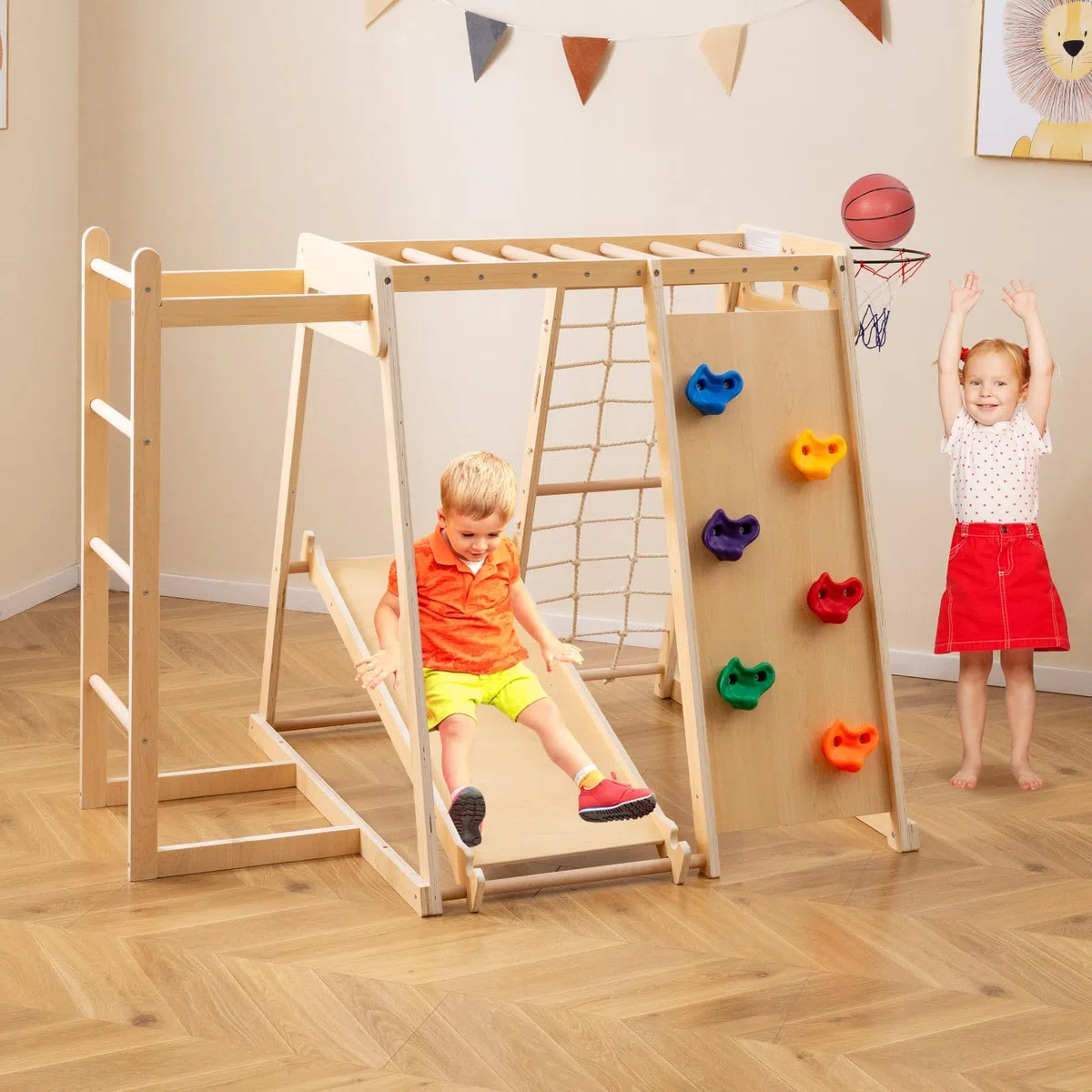 HOMASIS 6w1 Arrampicata per Bambini, Palestra con Scivolo Doppia Faccia, Rete, Scala, Canestro, Parete Arrampicata, Barre Scimmia, 3+ Lat Naturale