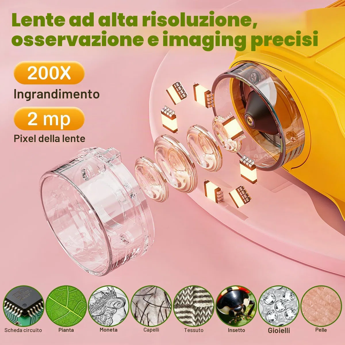 GlobalCrown Microscopio digitale tascabile,Microscopio bambini portatile 200x con schermo da 2,4 pollici,giocattolo per l'apprendimento scientifico per 3, 4, 5, 6, 7, 8, 9,10,11 anni ragazzi,ragazze