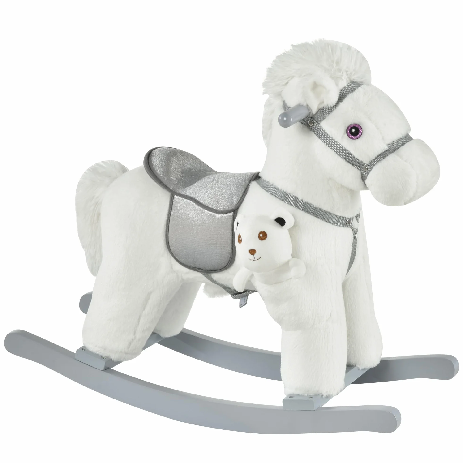 HOMCOM Cavallo a Dondolo per Bambini in Peluche e Legno con Suoni e Orsetto Incluso, per Bimbi da 18-36 Mesi, 65x26x55cm, Bianco